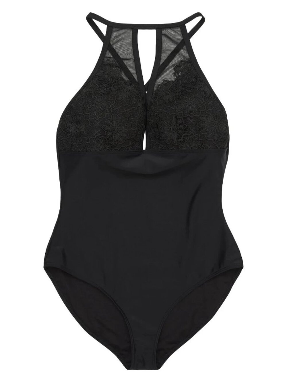 New Playful Promises Hunter McGrady Black High Neck Lace Panel Swimsuit Size 14